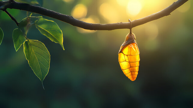 Golden butterfly chrysalis hangs from branch. Golden Chrysalis. Illustration