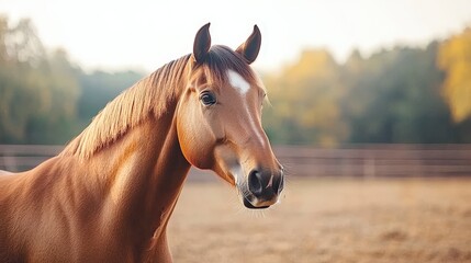 Fototapeta premium Majestic horse standing in a serene pasture with a blurred background of trees.