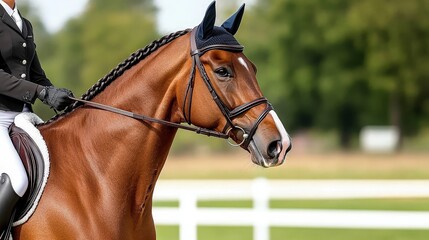 Obraz premium Elegant horse in bridle with rider, showcasing harmony in equestrian sport against a lush green backdrop.