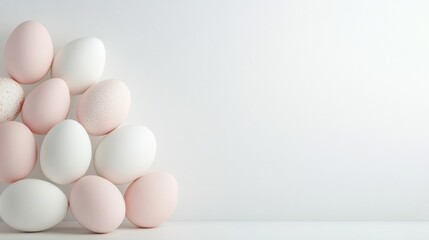 Soft pastel colored eggs arranged in a gentle pyramid on a white background for spring decoration