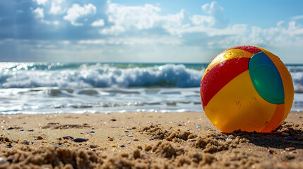 Obraz premium Beach Ball on Sandy Shore with Ocean Waves
