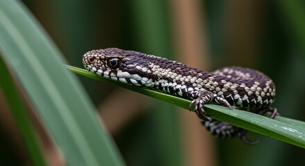 Fototapeta premium A small reptile perched on a green leaf cautiously observes surroundings