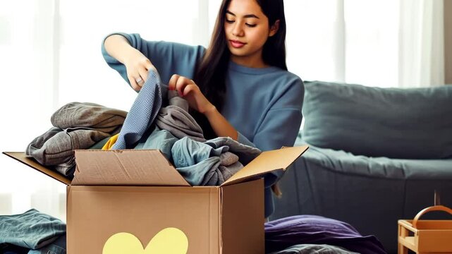 A beautiful young woman sits in her house, modestly packing clothes into a donation box filled with used clothes, embodying the spirit of charity and helping those in need.
