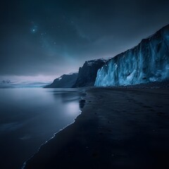 Arctic glacier coastline night landscape, starry sky, calm water, travel poster