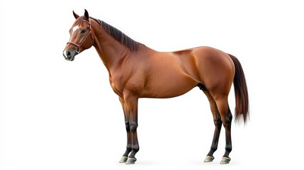 A majestic brown horse standing gracefully against a white background.