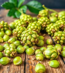 Fresh green hop cones scattered on rustic wooden table, autumn, cones, organic