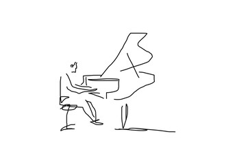 line abstract illustration of a person playing a classic piano © THE JAY