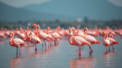 Beautiful pink flamingos on the lake