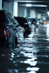 Cars in flood water in public parking garage. Water damage from flood disaster.