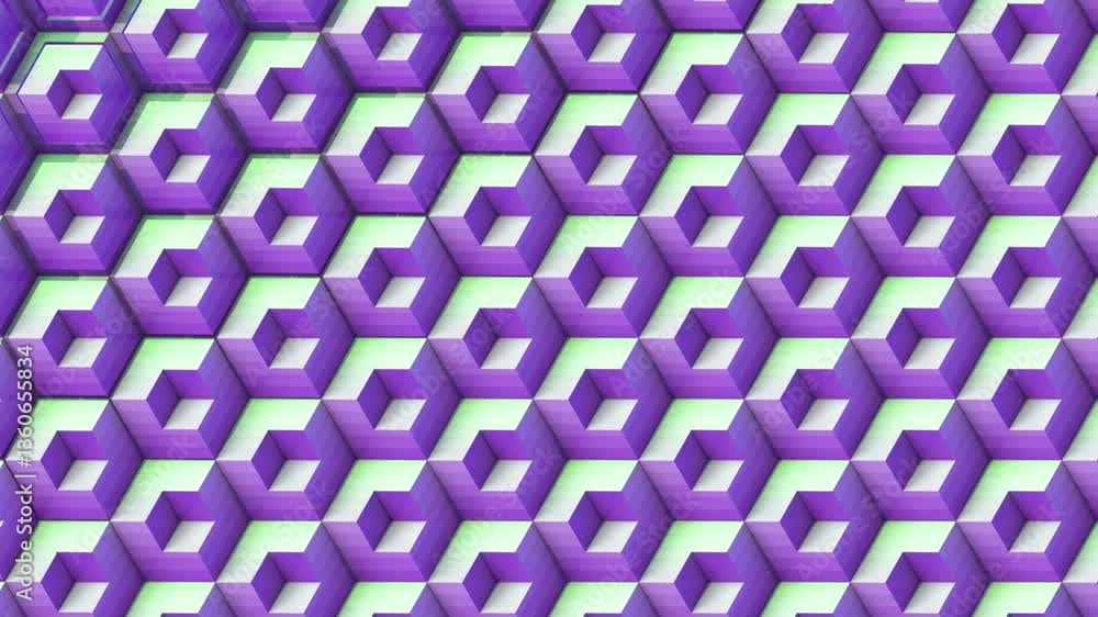 Aufkleber Abstract loop animation of architectural relief using modular cubic elements. The shapes are transformed, creating a wave effect. The palette is in purple-green tones. 3d rendering 4K