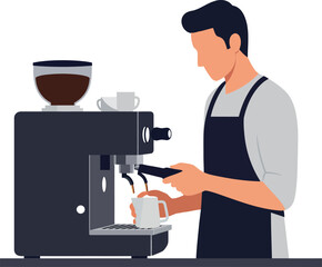 A barista skillfully preparing a fresh cup of espresso using a sleek coffee machine in a modern café setting, minimal vector art