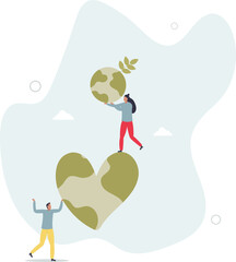 Save the planet as earth protection and ecology care.Heart shaped planet as nature love and conservation for green and sustainable future .flat character life .