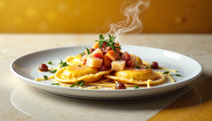 Elegant lobster ravioli with saffron cream sauce, gourmet dining