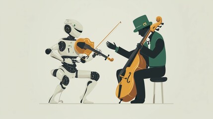 A minimalist illustration of a robot and human playing traditional Irish music on St. Patrick's Day.