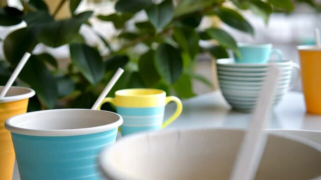 Colorful disposable cups on a table surrounded by greenery, ideal for outdoor gatherings and events