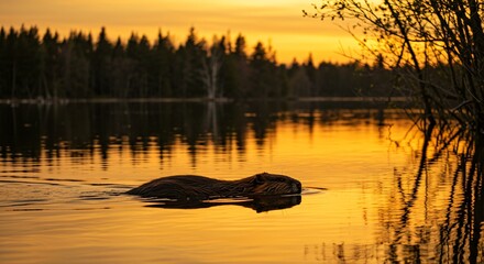 A beaver swims serenely in the golden waters at sunset
