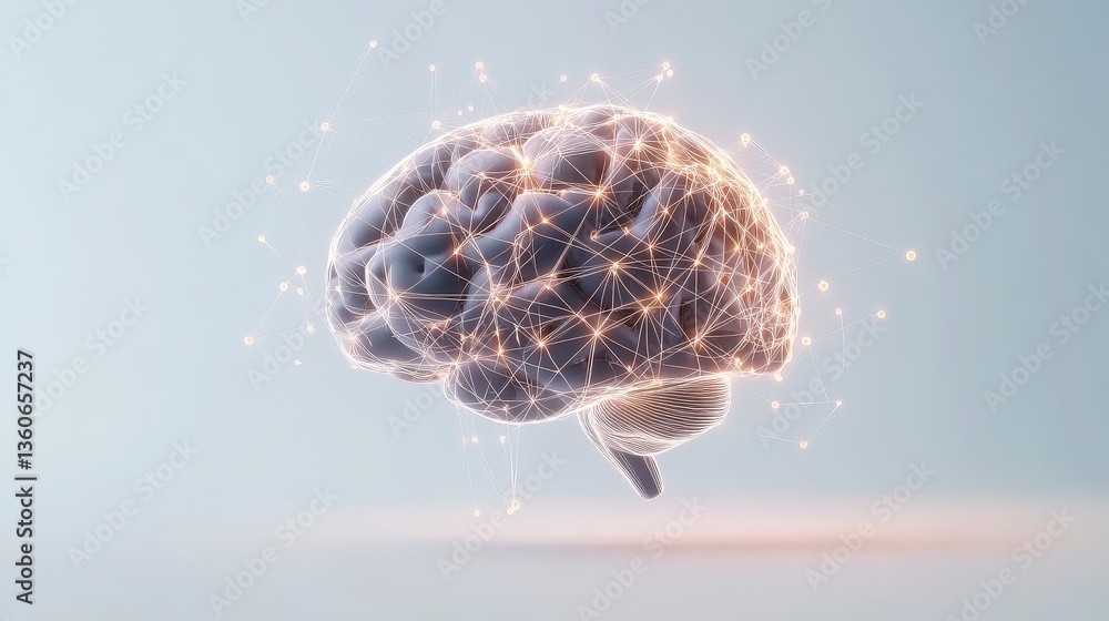Poster abstract representation of a brain composed of interconnected lines and nodes, symbolizing intellige