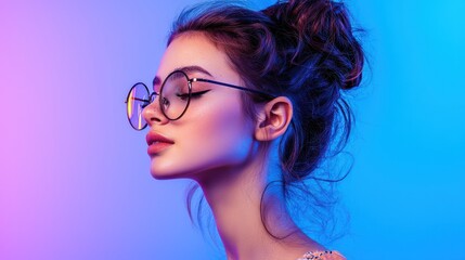 Woman, glasses, profile, blue-purple light, studio, fashion