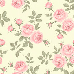 Delicate Pink Roses Watercolor Seamless Pattern on Cream