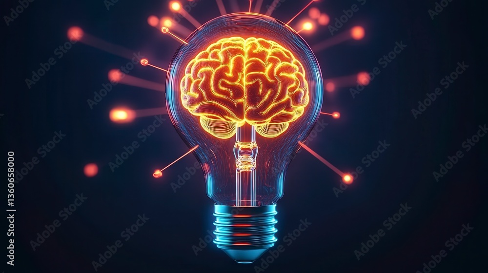 Poster light bulb with a brain inside, symbolizing creativity and innovative thinking.