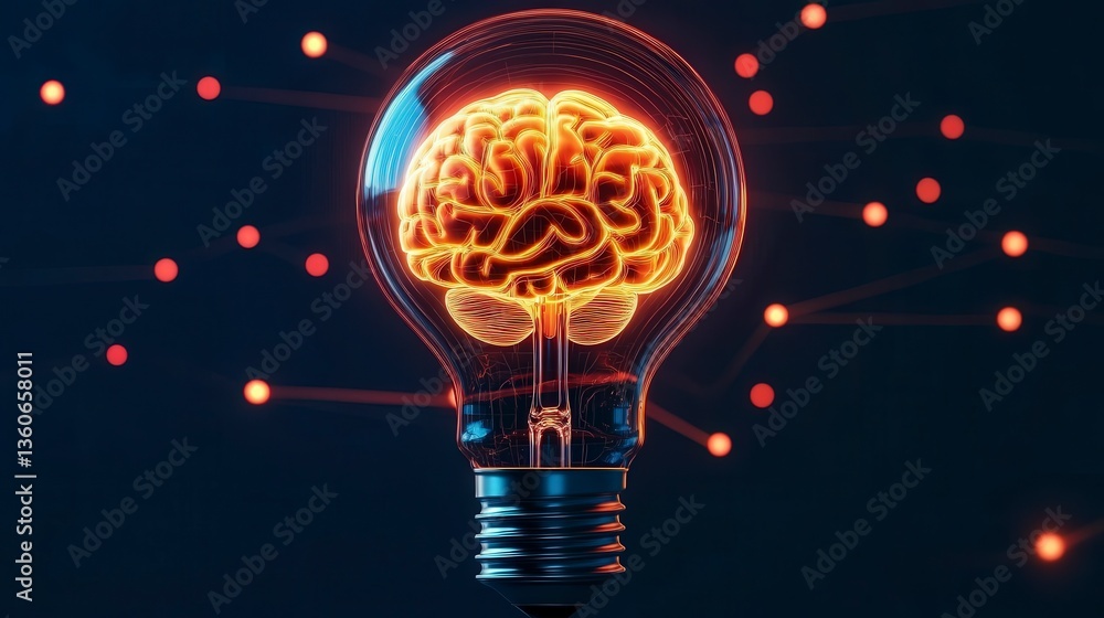 Poster light bulb with a brain inside, symbolizing innovation and creativity in a visually striking design.