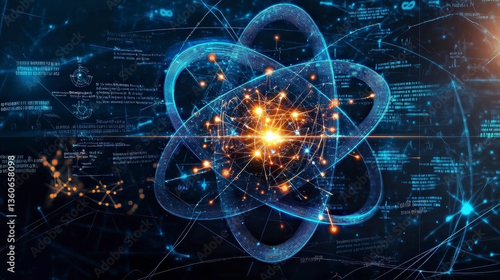Poster digital representation of an atom with glowing particles and scientific annotations on a dark backgr
