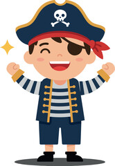 Fototapeta premium Happy young boy dressed as a pirate in a minimal vector illustration, celebrating with excitement and joy in a playful setting, showcasing colorful details in vector art