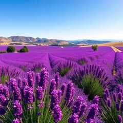 Naklejka premium Sweeping panoramic view of a vibrant purple lavender field in Provence, sun-drenched hills in the background, image, flowers, Provence
