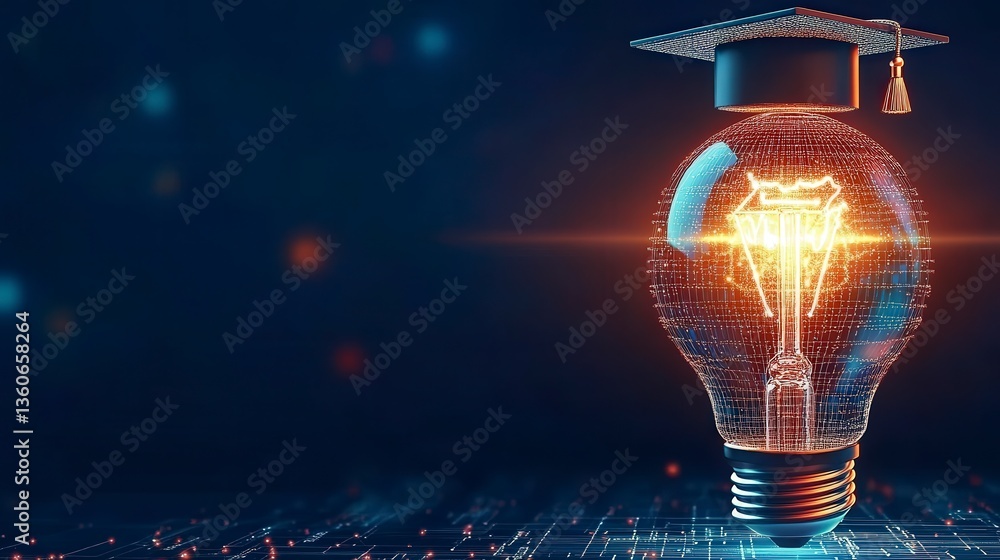 Poster illuminated light bulb with graduation cap symbolizing knowledge and innovation in a digital world.