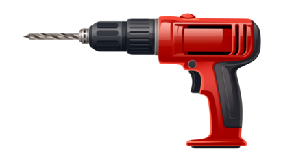 Illustration of a red and black cordless drill with a drill bit against a black backgroundisolated on transparent background	