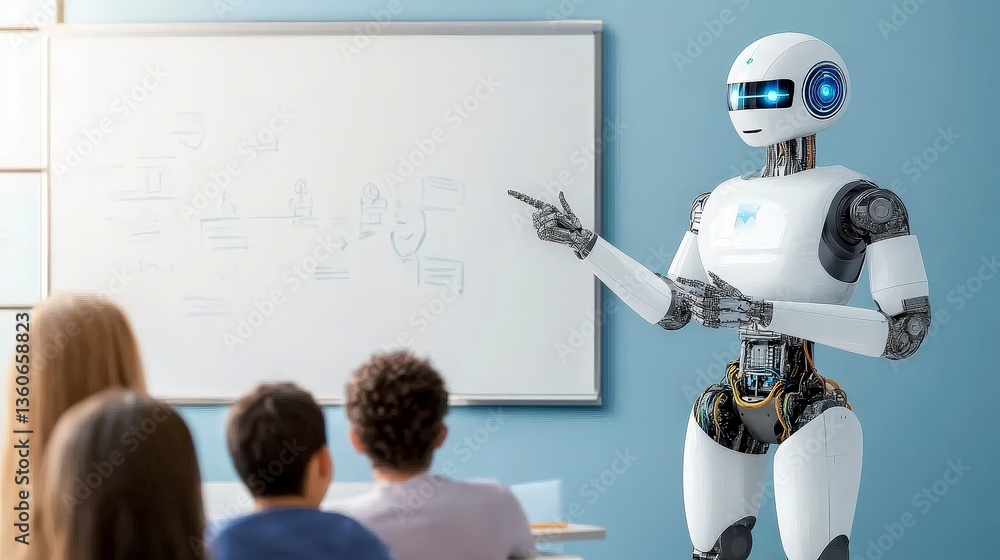 Poster a robot teaches a group of students in a classroom setting, with a whiteboard in the background.