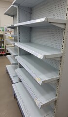"Stylish Empty Metal Pharmacy Shelving with LED Strips: Ideal for Placement Product"