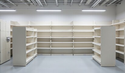 "Modular Pharmacy Shelving with Adjustable Heights and Track Lighting for Placement Product"