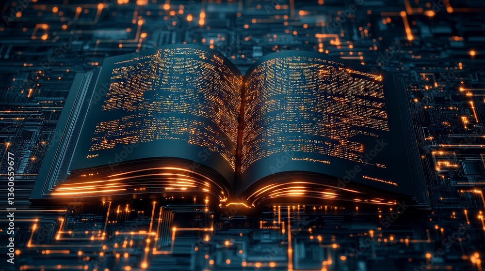 Poster open book on a circuit board background, symbolizing the fusion of knowledge and technology.