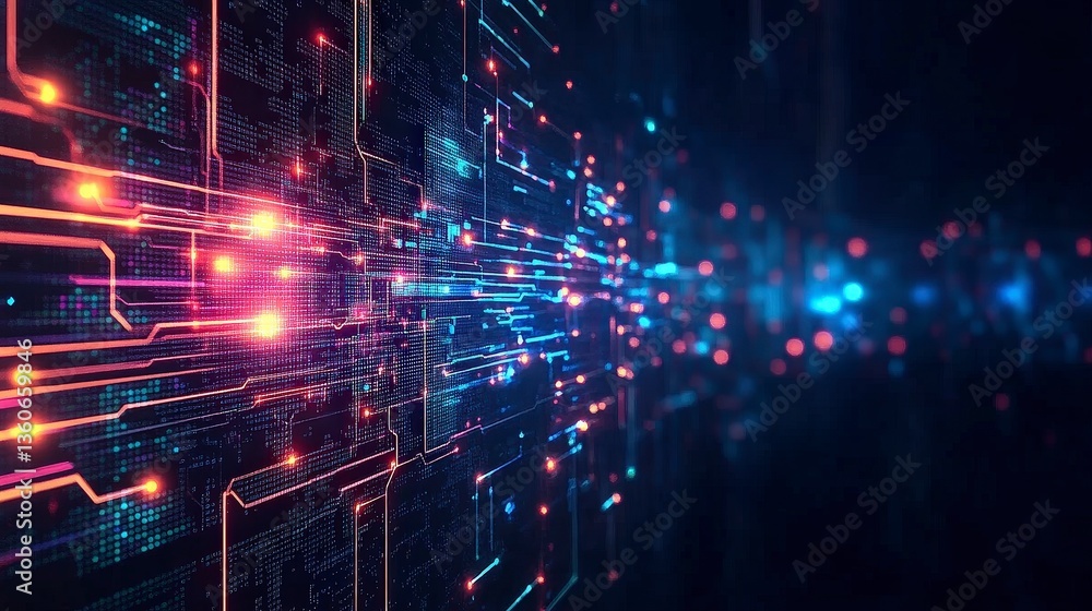 Poster abstract digital circuitry with illuminated connections, representing technology and data flow.
