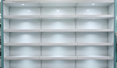 "Pristine Pharmacy Display Shelves with Recessed Lighting: Clean and Sterile Ambiance for Placement Product"