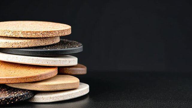 Stacked natural cork coasters on a sleek black surface, showcasing texture and design versatility