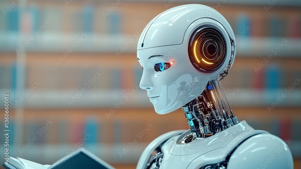 Aufkleber robot reading a book, showcasing a blend of technology and intelligence in a futuristic setting.