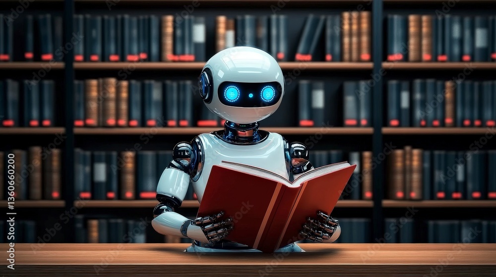 Poster a robot reads a book in a library filled with shelves of books.