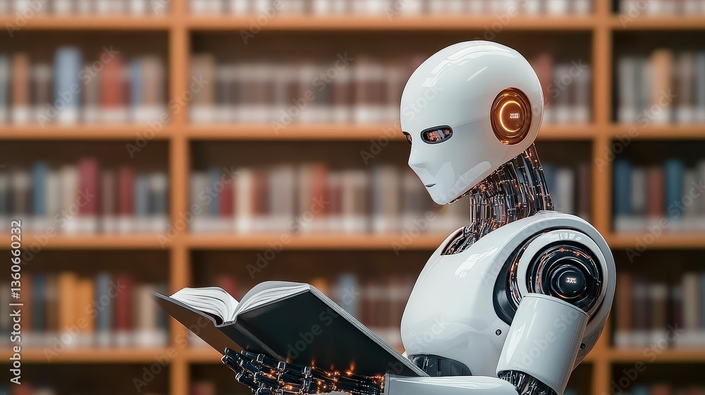 Poster a robot reading in a library surrounded by shelves full of books.