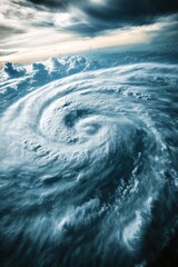 Satellite image of hurricane storm cloud viewed from space.