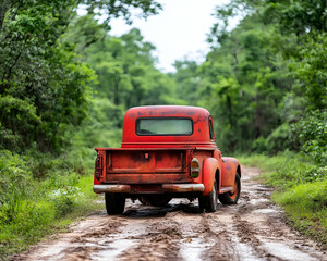 Rusty red truck on muddy forest road