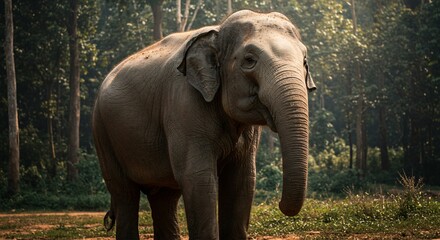 Fototapeta premium A majestic elephant stands in a lush green forest setting