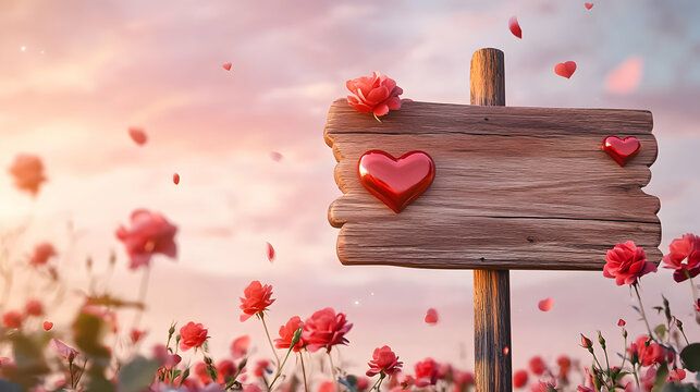 Wooden sign adorned with hearts surrounded by blooming roses during sunset in a romantic garden