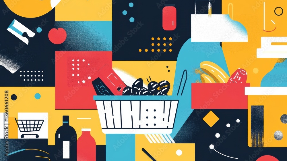 Poster Stylish abstract grocery shopping theme featuring geometric shapes and bold colors in a modern aesthetic Generative AI