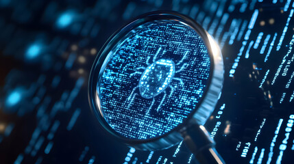 Digital representation of a bug highlighted through a magnifying glass on a background of binary code and data streams