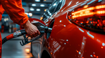 Fueling a vibrant red car at a gas station during evening hours with bright lights illuminating the surroundings