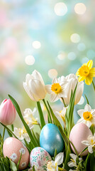 Spring garden adorned with colorful Easter eggs and blooming flowers, capturing the essence of the festive season