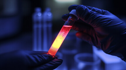Close-up view of gloves holding a glowing test tube filled with a bright chemical solution in a dimly lit laboratory, showcasing scientific experimentation and discovery.