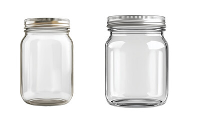 Clear glass mason jars with silver screw-on lids front view mockup, empty transparent containers for 8 oz and 16 oz sizes, on transparent background